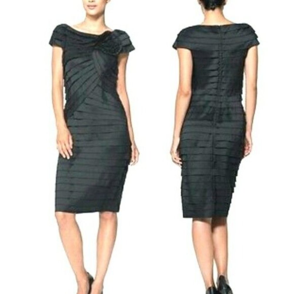 TADASHI SHOJI Size 6 Tiered Rosette Cocktail Formal Sheath Dress Navy Blue $350